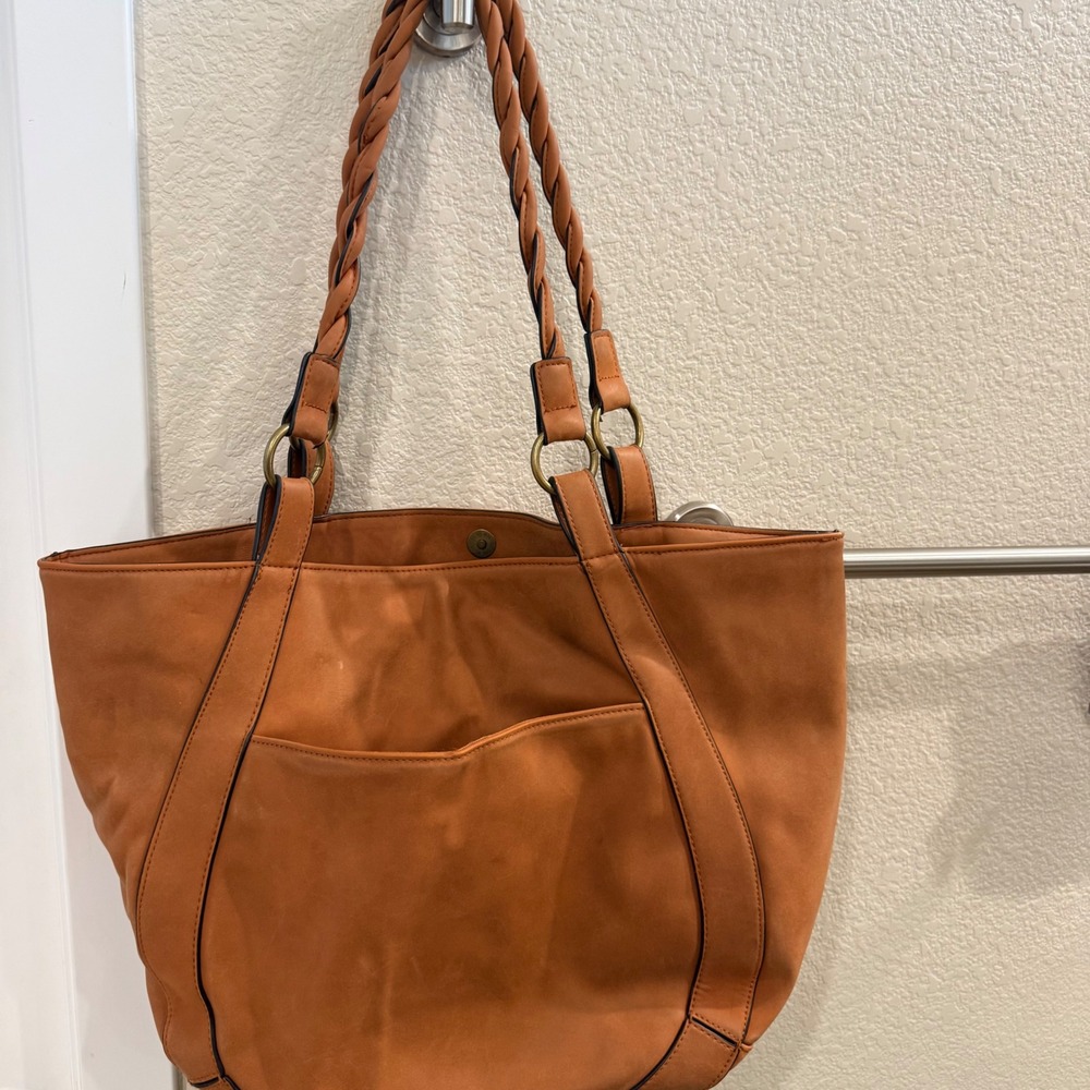 Universal Thread Cognac Brown Braided Strap Tote Bag Faux Leather Boho Large
